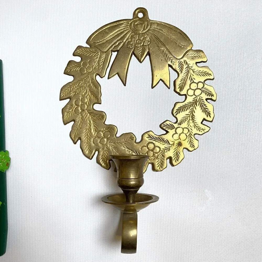 VTG Brass Wreath Wall Candle Holders Hosley Holiday Christmas Decor